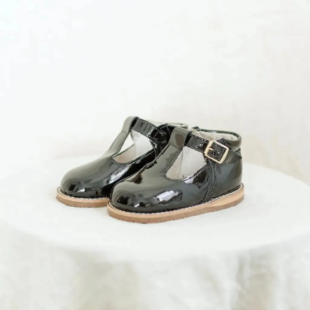 Greta T-Strap - Black Patent Toddler - sized shoes