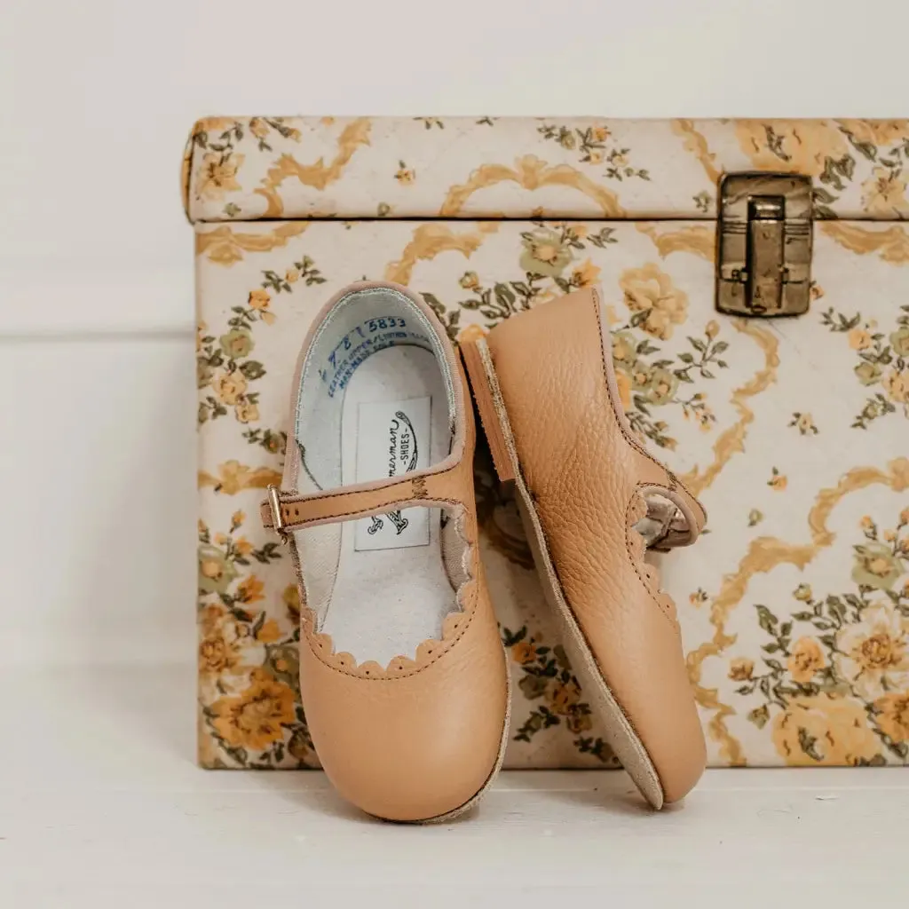 Cushioned Base Health Focused Durable Construction Scalloped Mary Jane - Camel