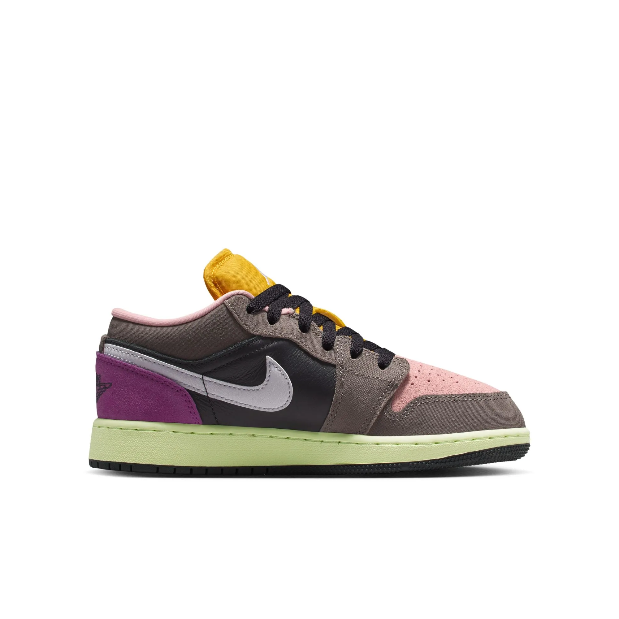 Tech Knit Air Jordan 1 Low SE Big Kids' Shoes Color: Oil Grey/white-cave Stone-arctic Punch HQ2021-005