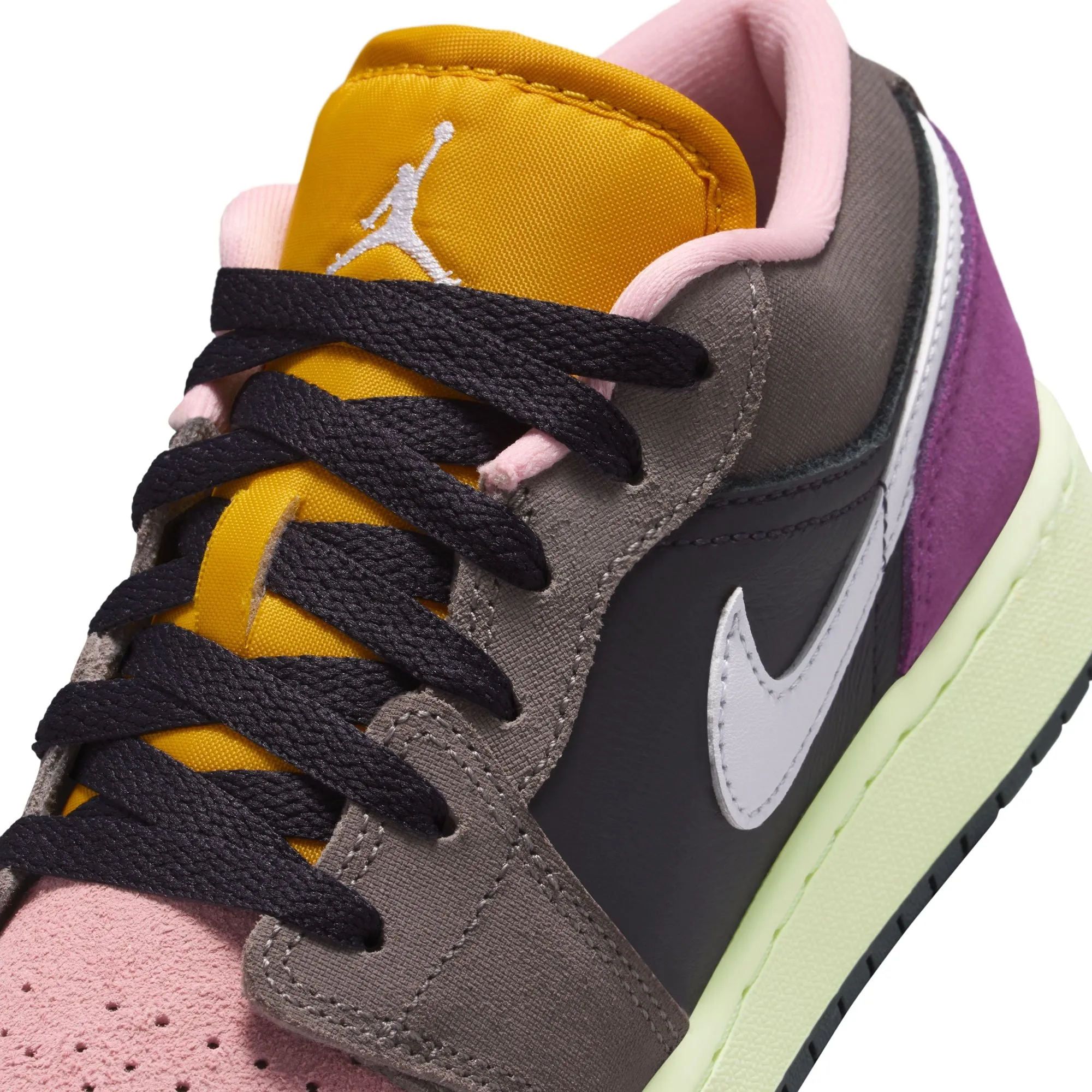 Air Jordan 1 Low SE Big Kids' Shoes Color: Oil Grey/white-cave Stone-arctic Punch HQ2021-005 Durable Construction Sweat Resistant Urban Stroll